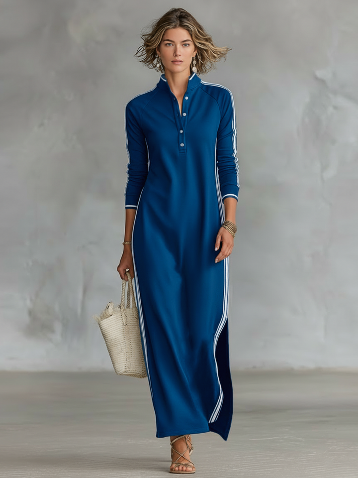 Abito Maxi in Felpa con Collo a Bottone
