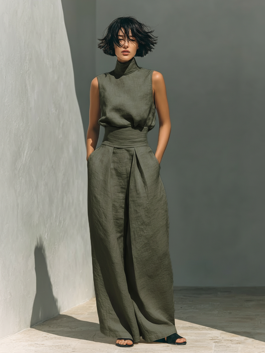 Lili – Completo minimalista in cotone e tela: canotta e pantaloni larghi per donne