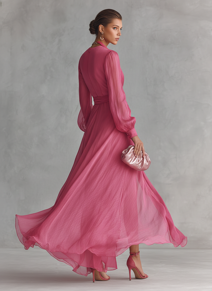 Abito in Chiffon Rosa con Scollatura a V
