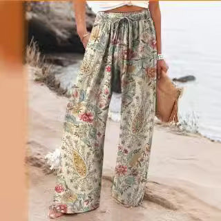Pantaloni Ampi Floreali Leggeri con Vita Alta e Comfort