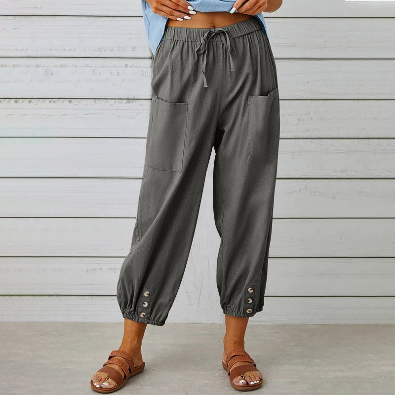 Pantaloni Donna Corti in Cotone e Lino a Vestibilità Larga