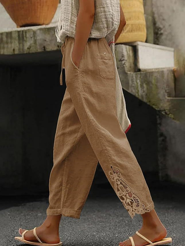 Pantaloni dritti in cotone leggero a vita alta