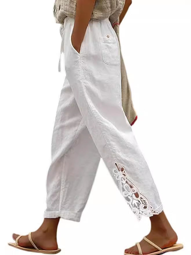 Pantaloni dritti in cotone leggero a vita alta