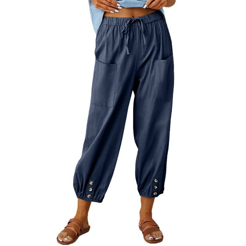 Pantaloni Donna Corti in Cotone e Lino a Vestibilità Larga