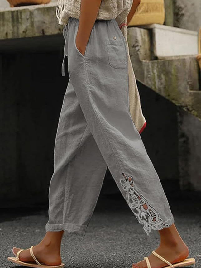 Pantaloni dritti in cotone leggero a vita alta