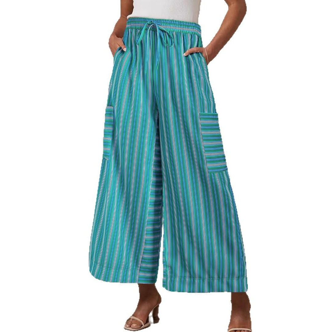 Pantaloni a Strisce Leggeri con Gamba Larga e Vita Elastico con Coulisse