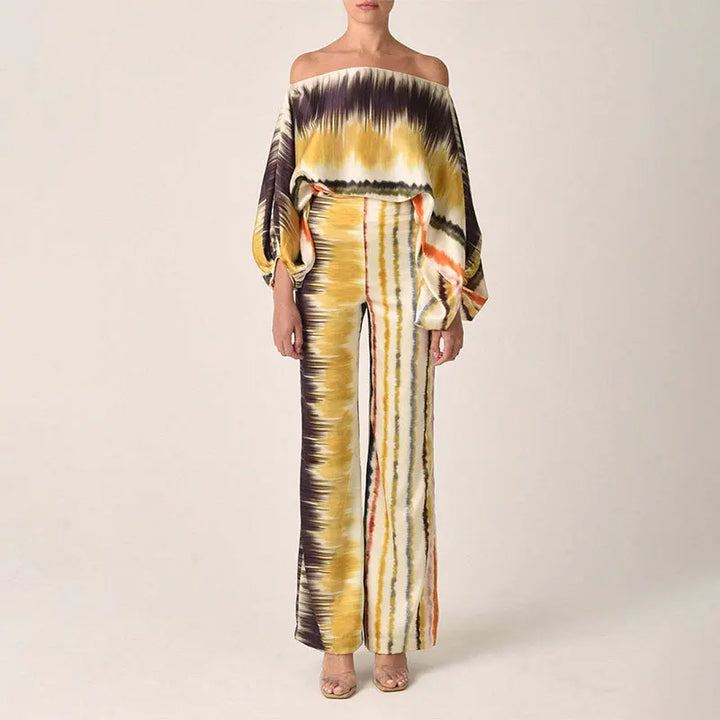 Off-Shoulder Two-Piece Set with Wave Print