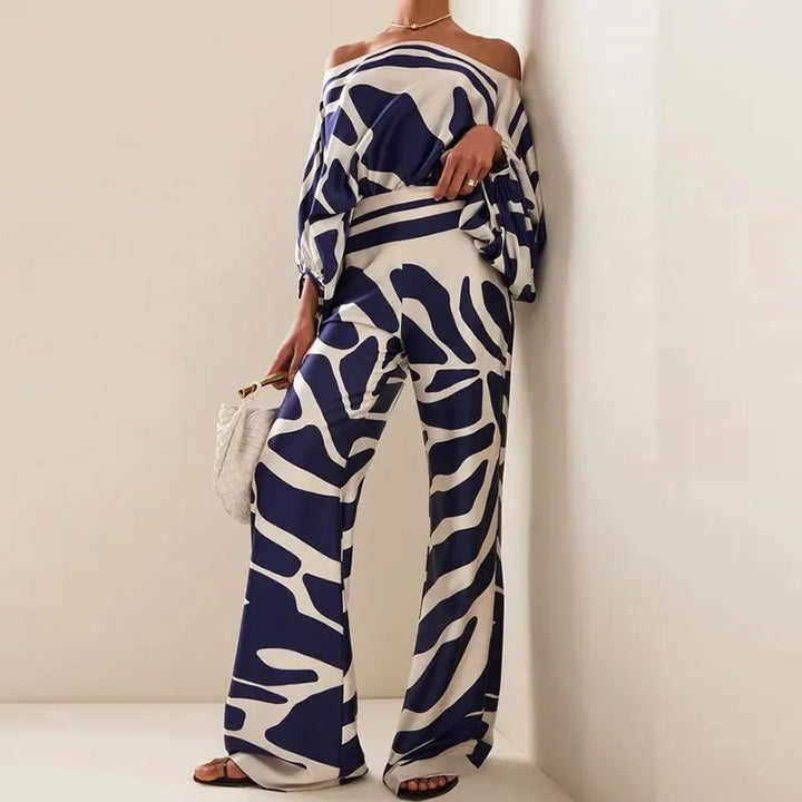 Off-Shoulder Two-Piece Set with Wave Print