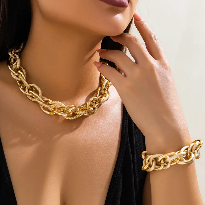 Set di Bracciale e Collana a Doppia Catena Intrecciata in Stile Bold Chunky