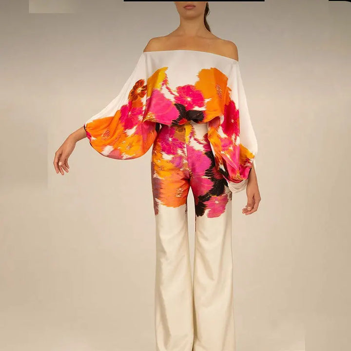 Off-Shoulder Two-Piece Set with Wave Print