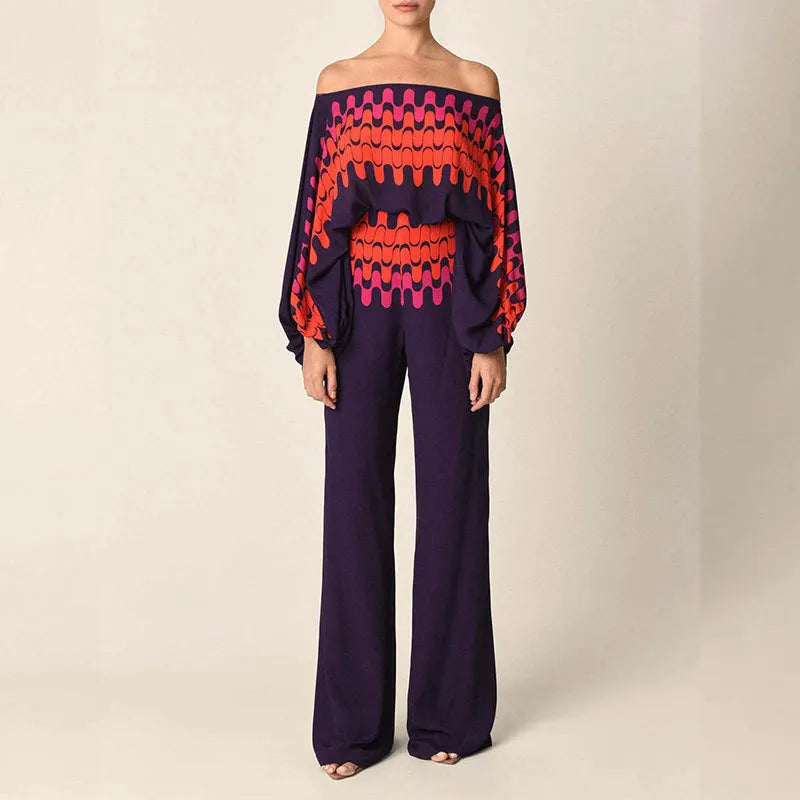 Off-Shoulder Two-Piece Set with Wave Print