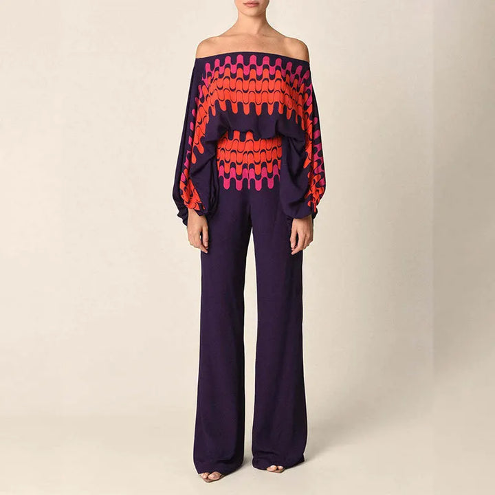 Off-Shoulder Two-Piece Set with Wave Print