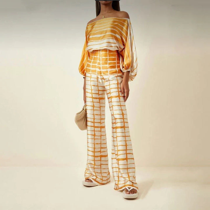 Off-Shoulder Two-Piece Set with Wave Print