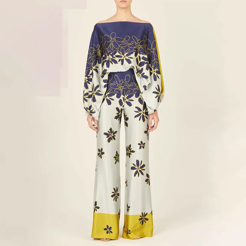 Off-Shoulder Two-Piece Set with Wave Print