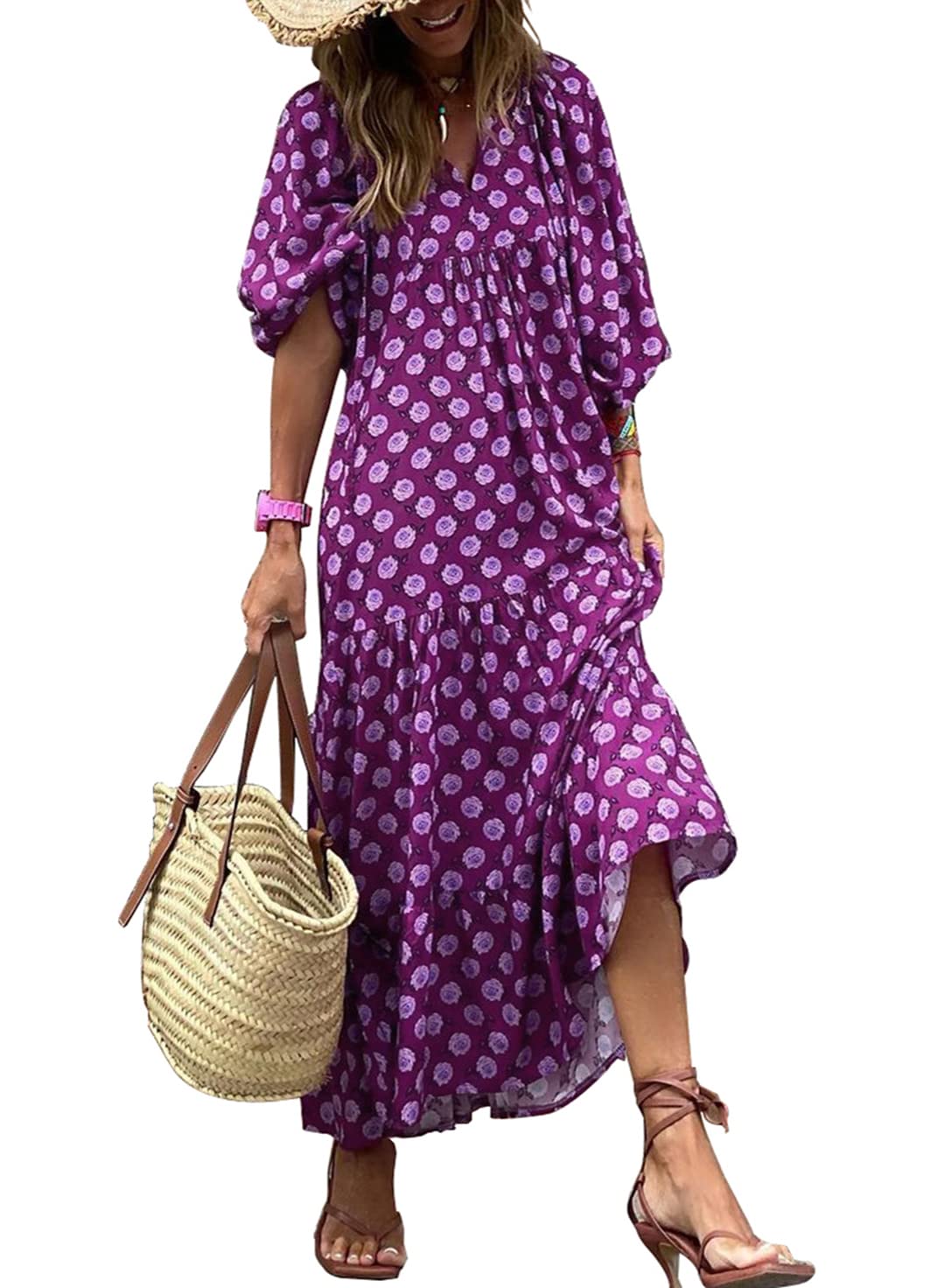Abito Maxi Boho a Maniche Puff con Fantasia Floreale da Donna