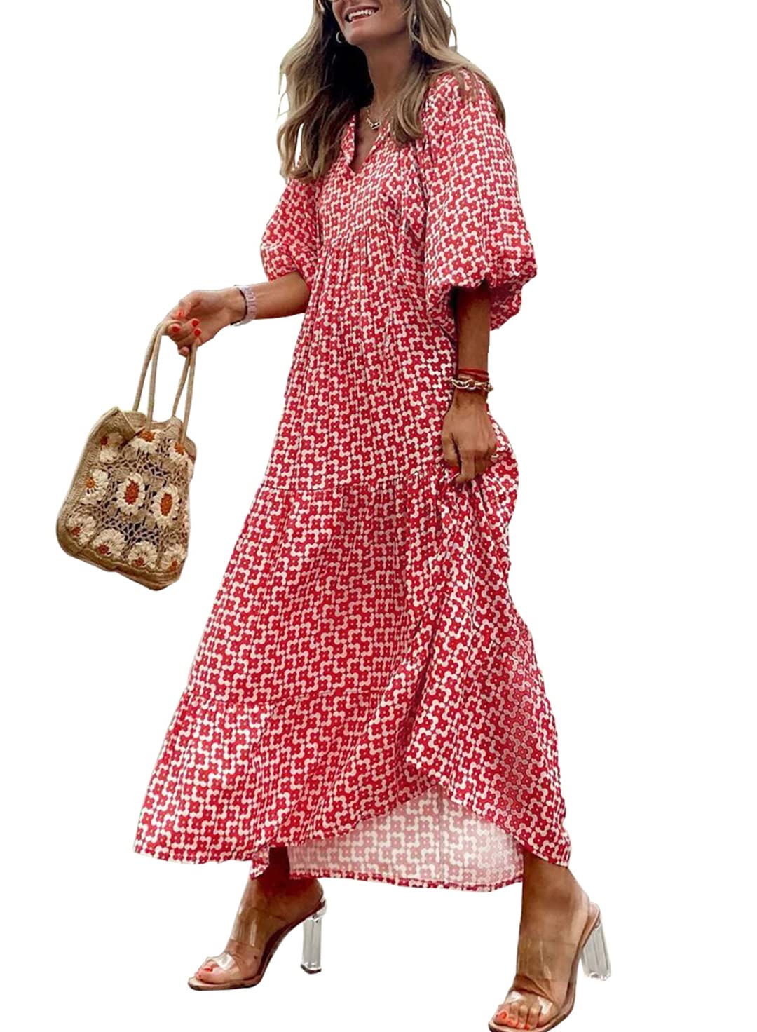 Abito Maxi Boho a Maniche Puff con Fantasia Floreale da Donna
