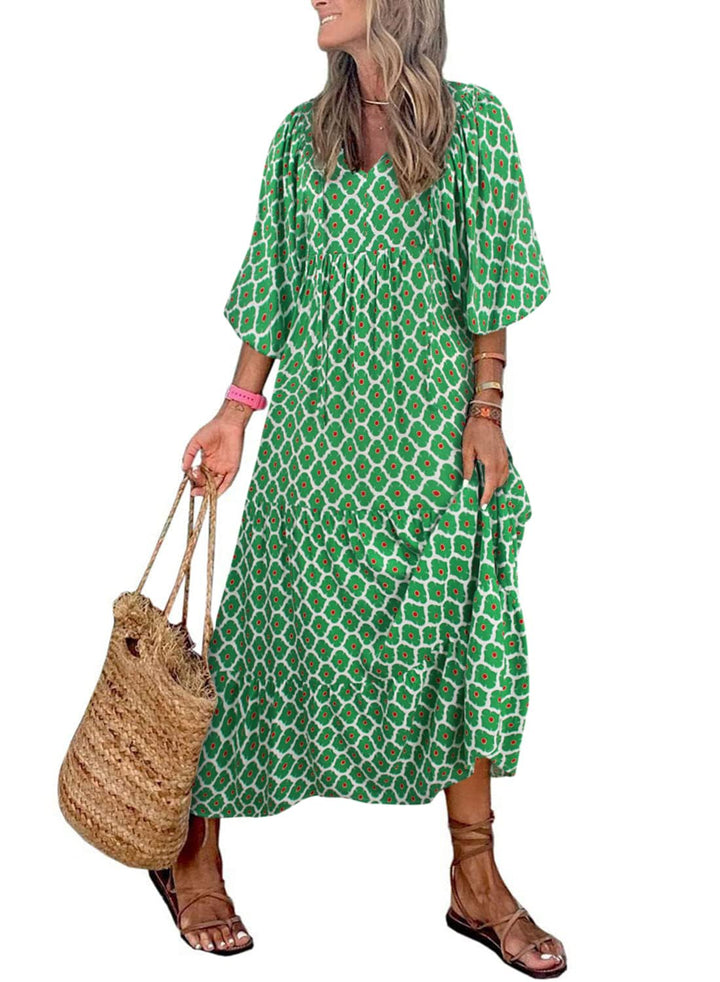 Abito Maxi Boho a Maniche Puff con Fantasia Floreale da Donna