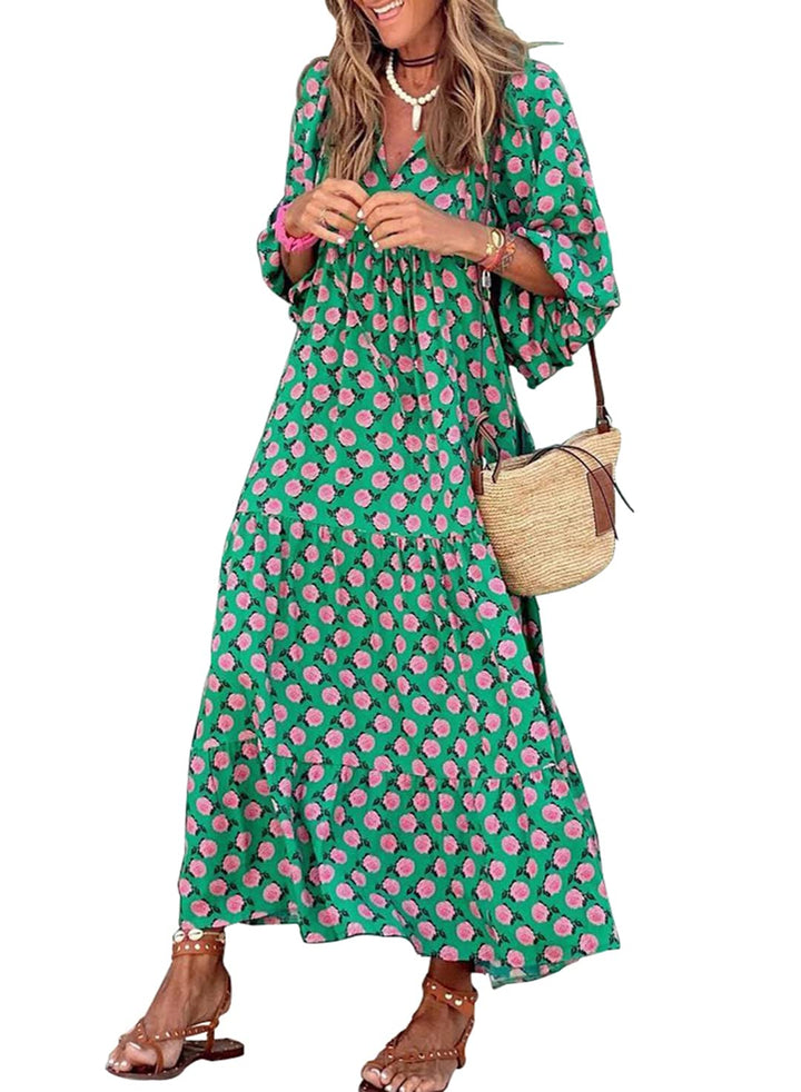 Abito Maxi Boho a Maniche Puff con Fantasia Floreale da Donna