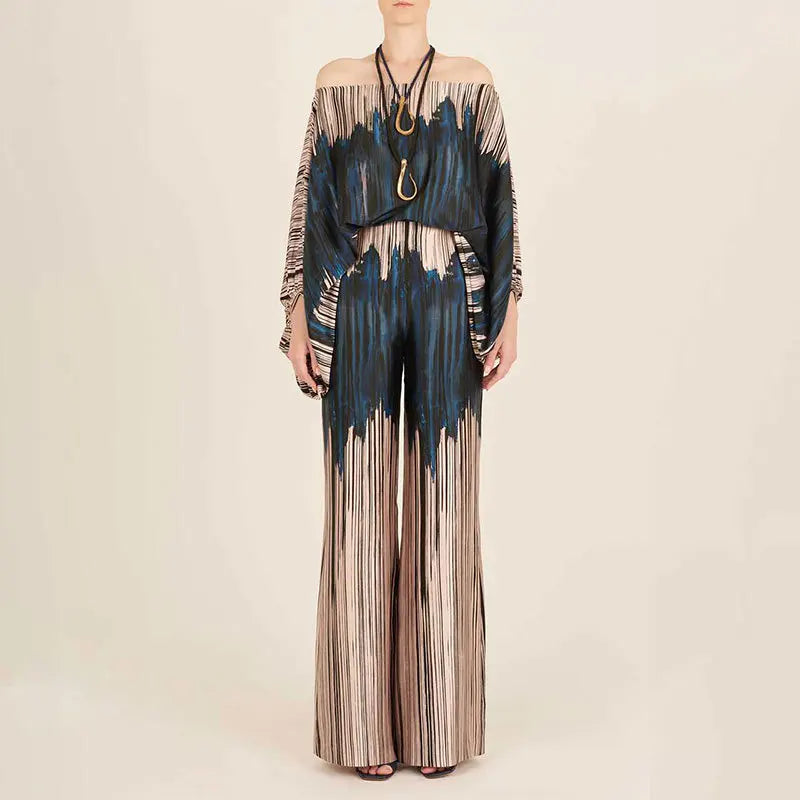 Off-Shoulder Two-Piece Set with Wave Print