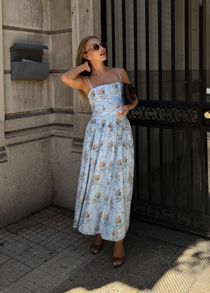 Abito Midi Amelina Bloom – Blu Chiaro Floreale