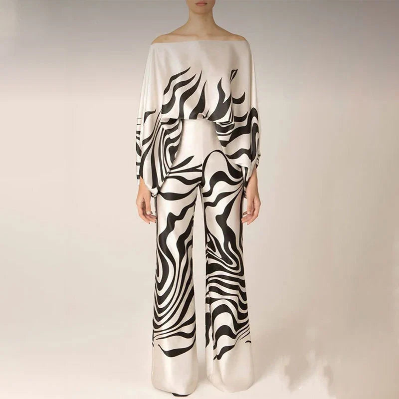 Off-Shoulder Two-Piece Set with Wave Print