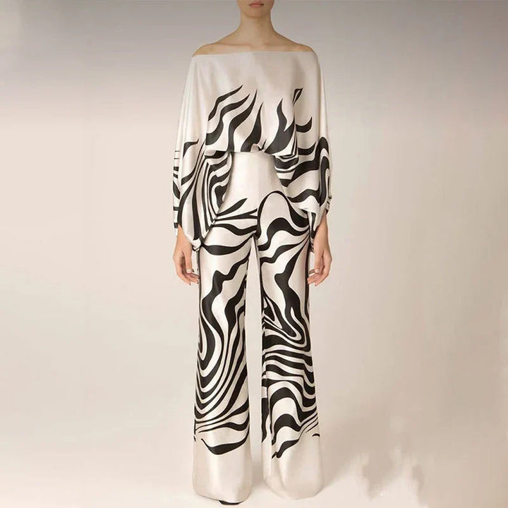 Off-Shoulder Two-Piece Set with Wave Print