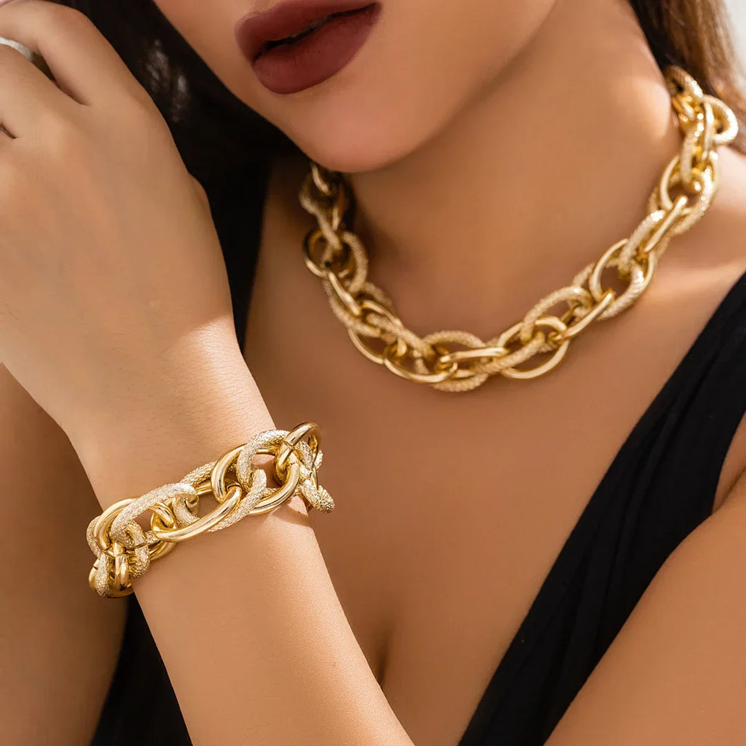 Set di Bracciale e Collana a Doppia Catena Intrecciata in Stile Bold Chunky