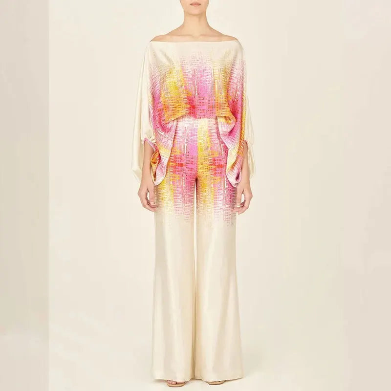 Off-Shoulder Two-Piece Set with Wave Print