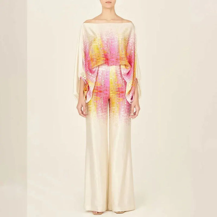 Off-Shoulder Two-Piece Set with Wave Print