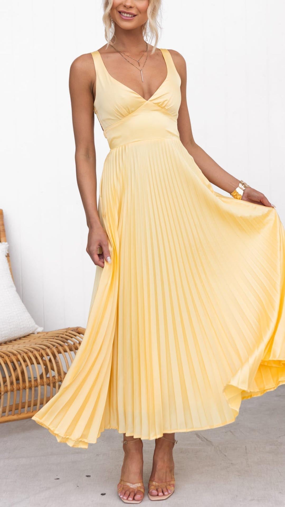 Ellis & Johnson™  | Abito Maxi Plissettato con Scollatura a V