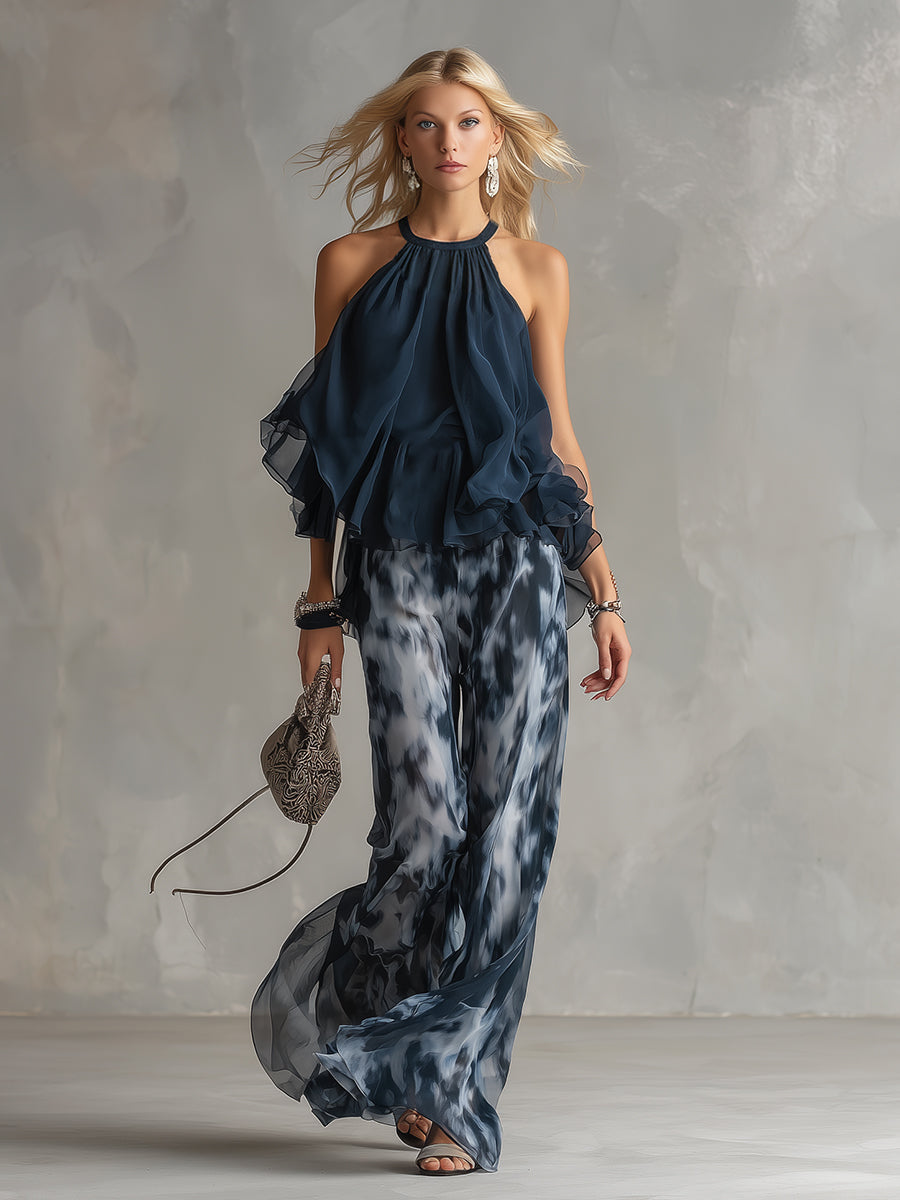 Lilla – ensemble elegante in chiffon con top a collo alto e pantaloni a gamba larga con motivo