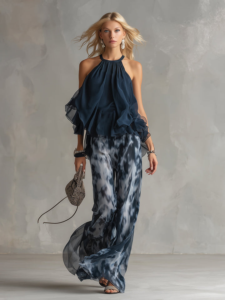 Lilla – ensemble elegante in chiffon con top a collo alto e pantaloni a gamba larga con motivo