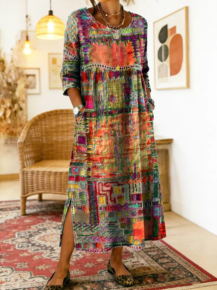 Manuela | Vestito Stampato con Patchwork Etnico