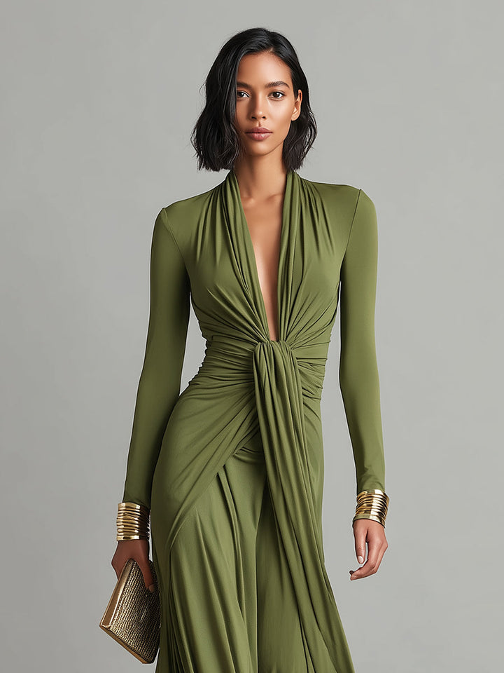 Abito Maxi in Seta Verde Oliva con Scollatura a V