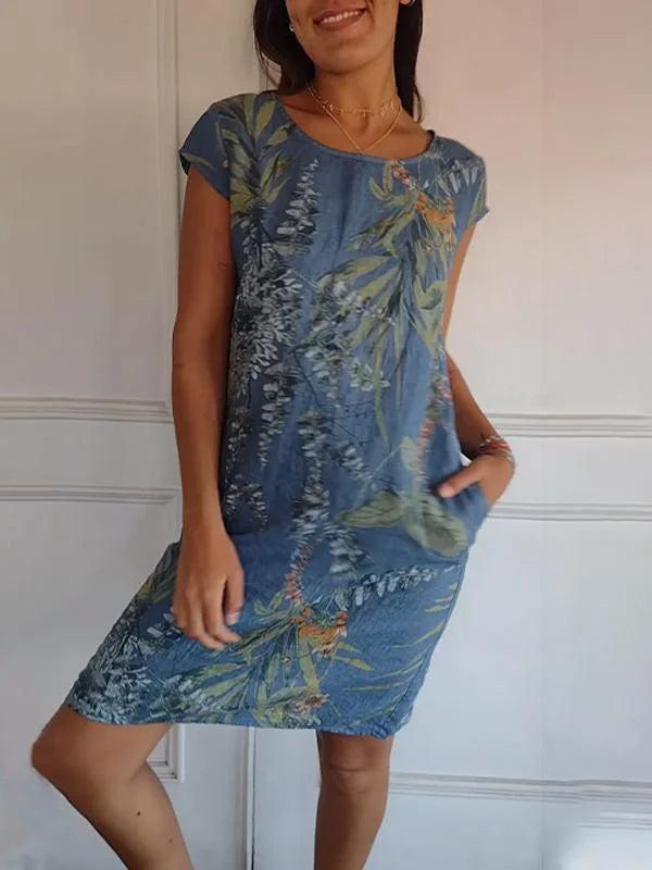 Abito estivo stampato in cotone e lino per donna con tasche