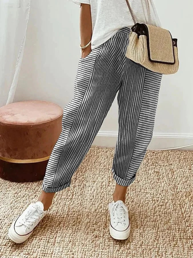 Pantaloni Donna Relaxed Fit a Righe Lunghezza Caviglia con Orlo