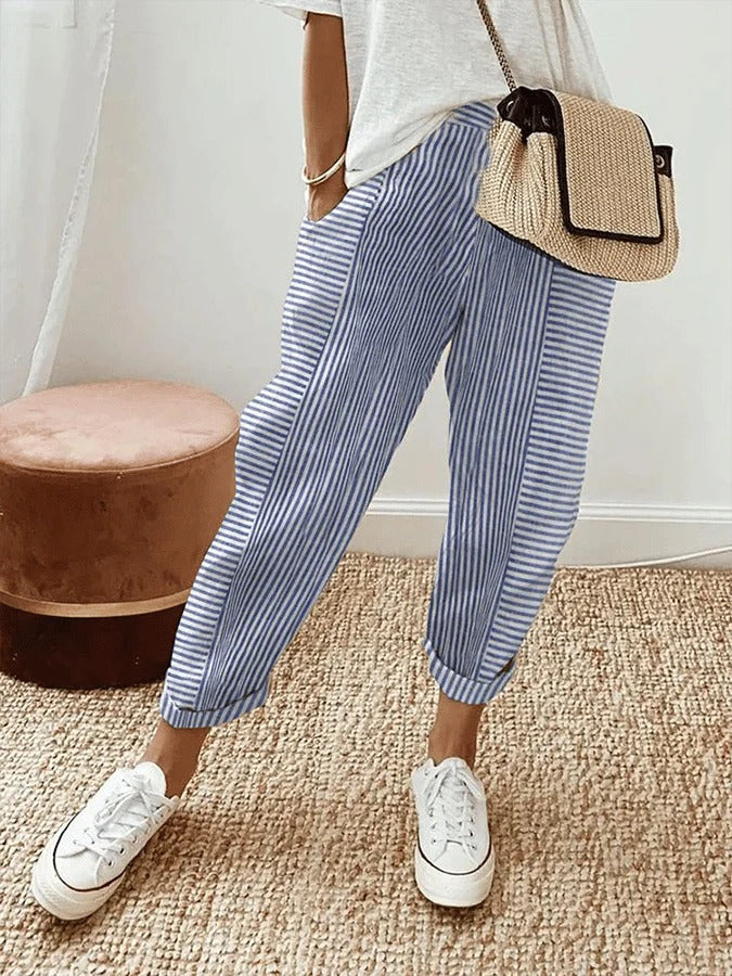 Pantaloni Donna Relaxed Fit a Righe Lunghezza Caviglia con Orlo