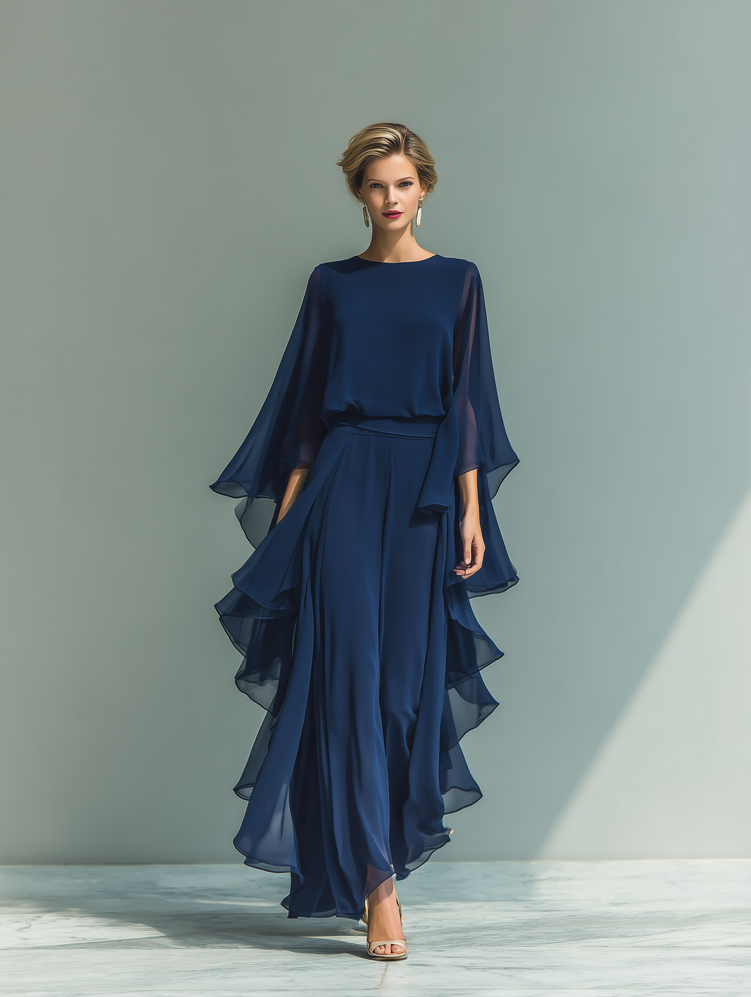 Set in Chiffon Blu Marino con Rouches