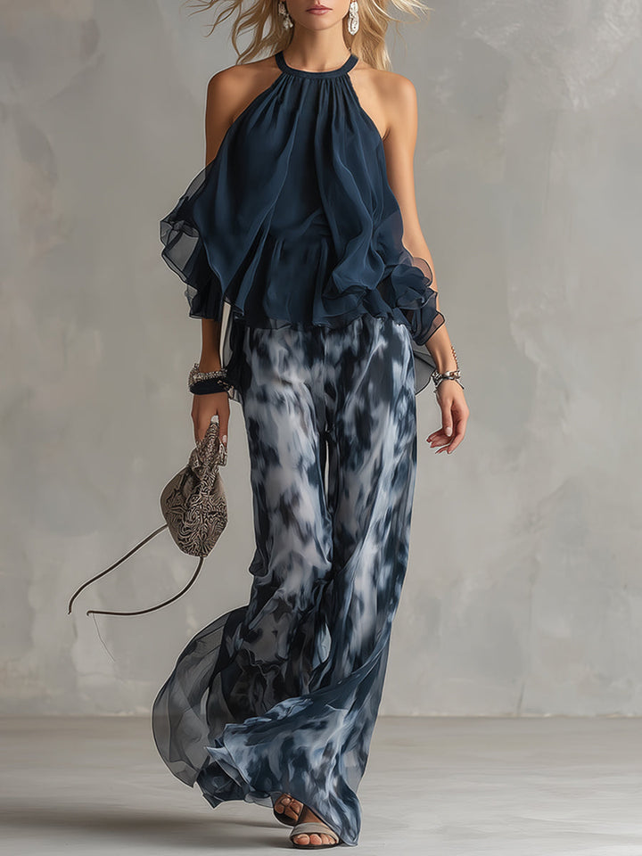 Lilla – ensemble elegante in chiffon con top a collo alto e pantaloni a gamba larga con motivo