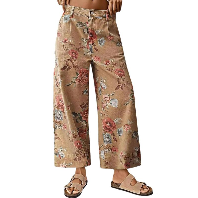 Pantaloni Casual a Vita Alta con Gamba Larga Floreali