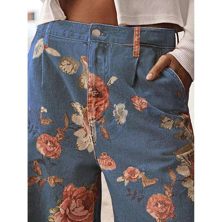 Pantaloni Casual a Vita Alta con Gamba Larga Floreali