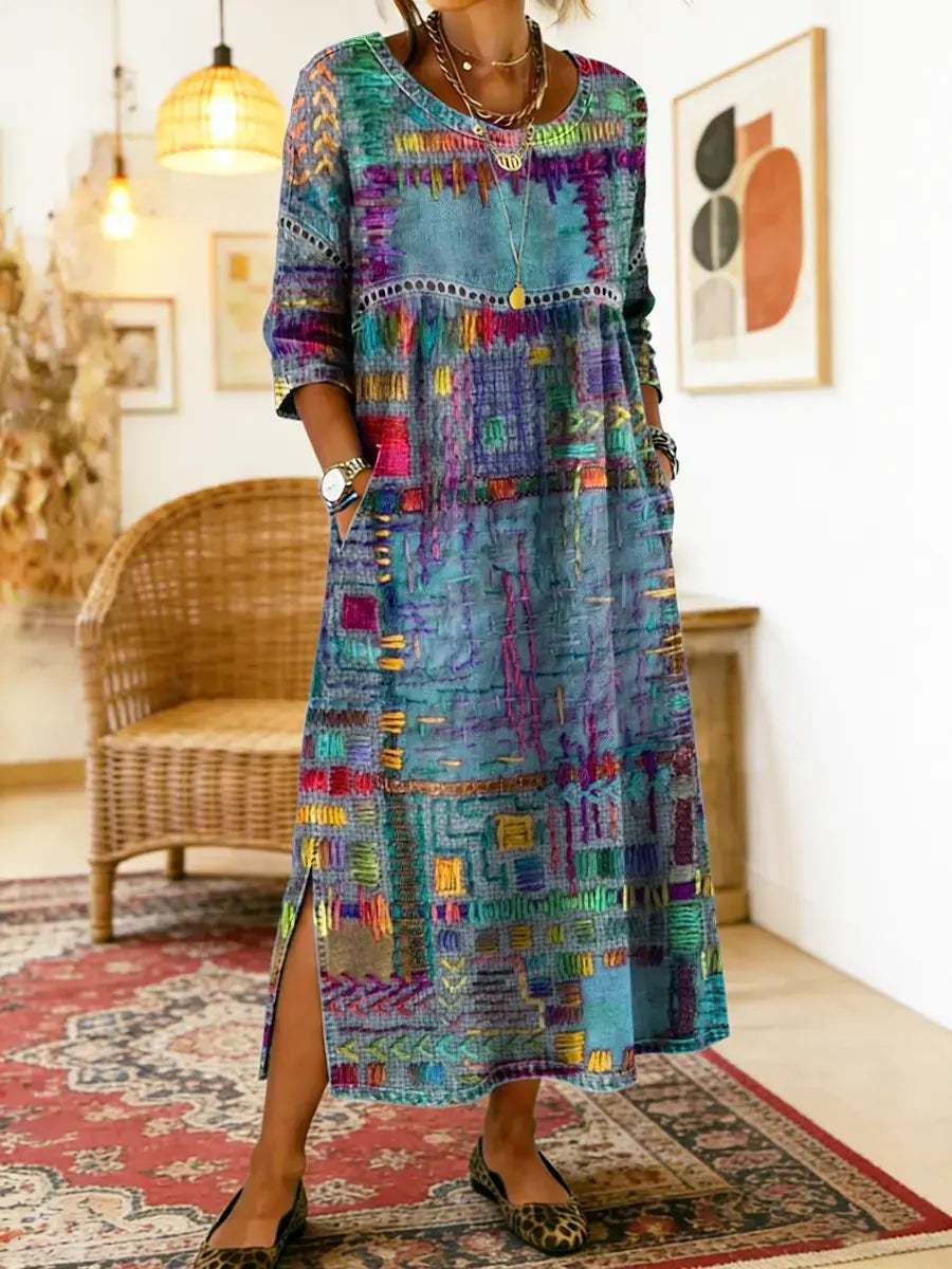 Manuela | Vestito Stampato con Patchwork Etnico