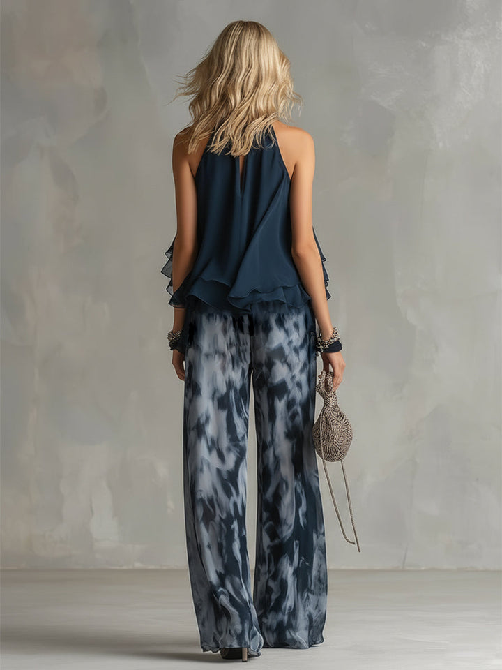 Lilla – ensemble elegante in chiffon con top a collo alto e pantaloni a gamba larga con motivo