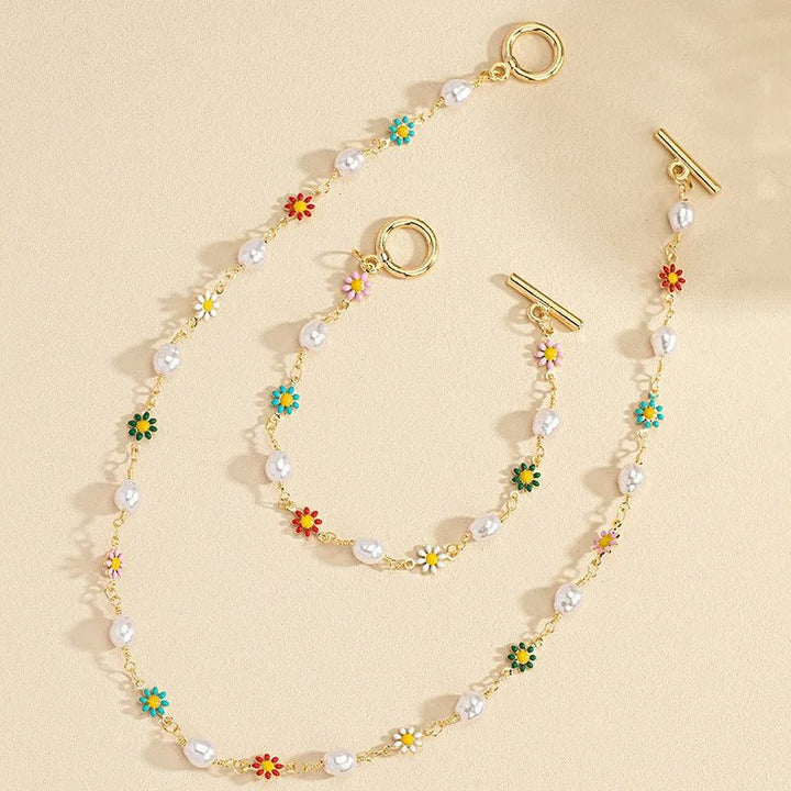 Set di Collana e Bracciale con Delicate Perle Floreali Primaverili