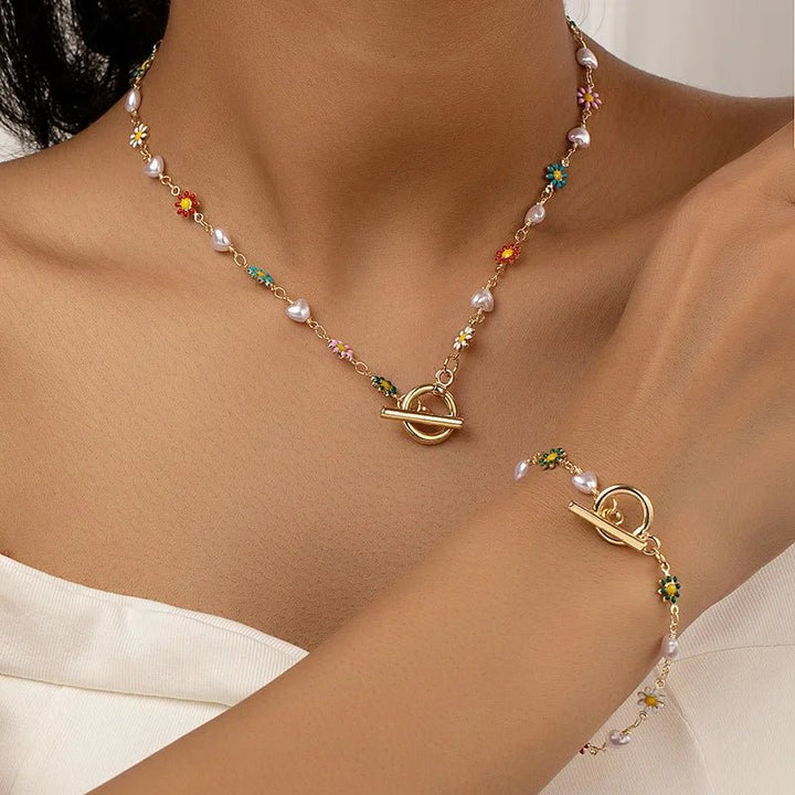 Set di Collana e Bracciale con Delicate Perle Floreali Primaverili
