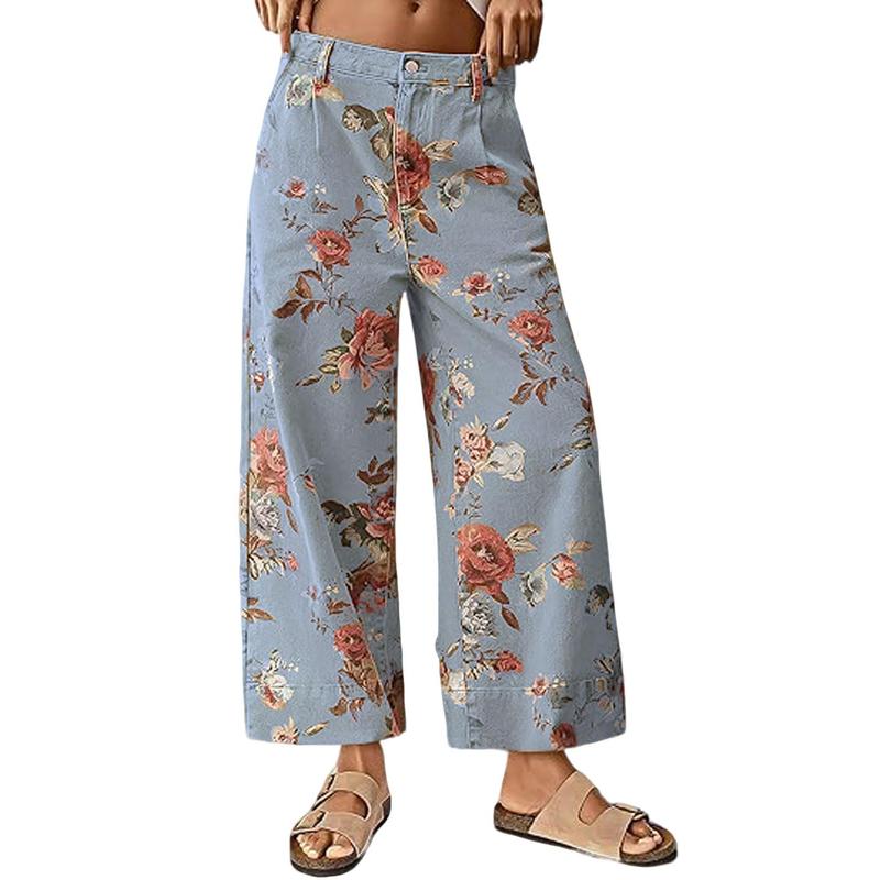 Pantaloni Casual a Vita Alta con Gamba Larga Floreali