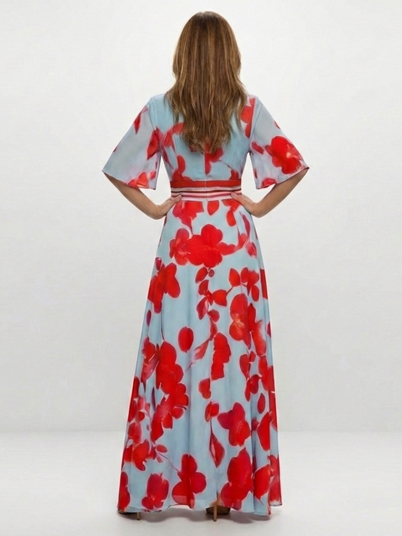 Ellis & Johnson™  | Abito Maxi Floreale con Maniche Corte e Scollo a V
