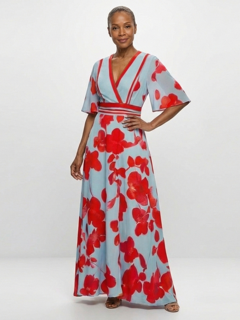 Ellis & Johnson™  | Abito Maxi Floreale con Maniche Corte e Scollo a V