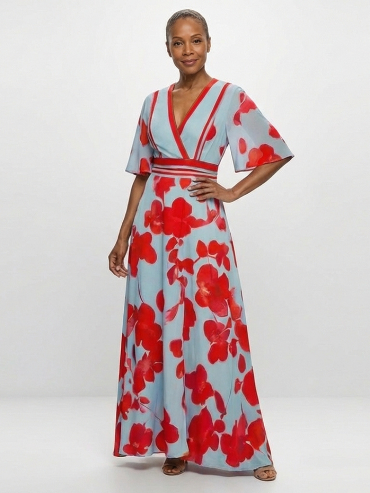 Ellis & Johnson™  | Abito Maxi Floreale con Maniche Corte e Scollo a V