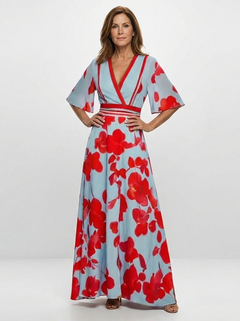 Ellis & Johnson™  | Abito Maxi Floreale con Maniche Corte e Scollo a V